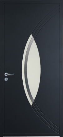 porte design Baguio monobloc en aluminium par INITIAL (ligne Horizon), avec surface vitrées en forme d'amande disposée verticalement